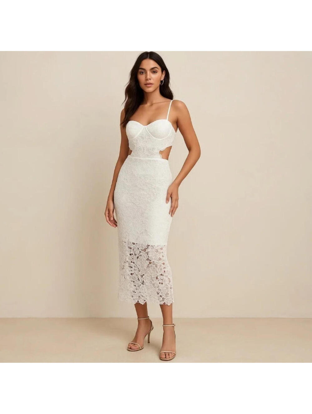 White Lace Midi Dress with Spaghetti Straps and Cutout Waist